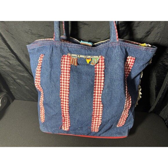 2000s Anne Ormsby Beach Bag Patriotic Surf Denim bag "Surviving Stress" American - Picture 5 of 14